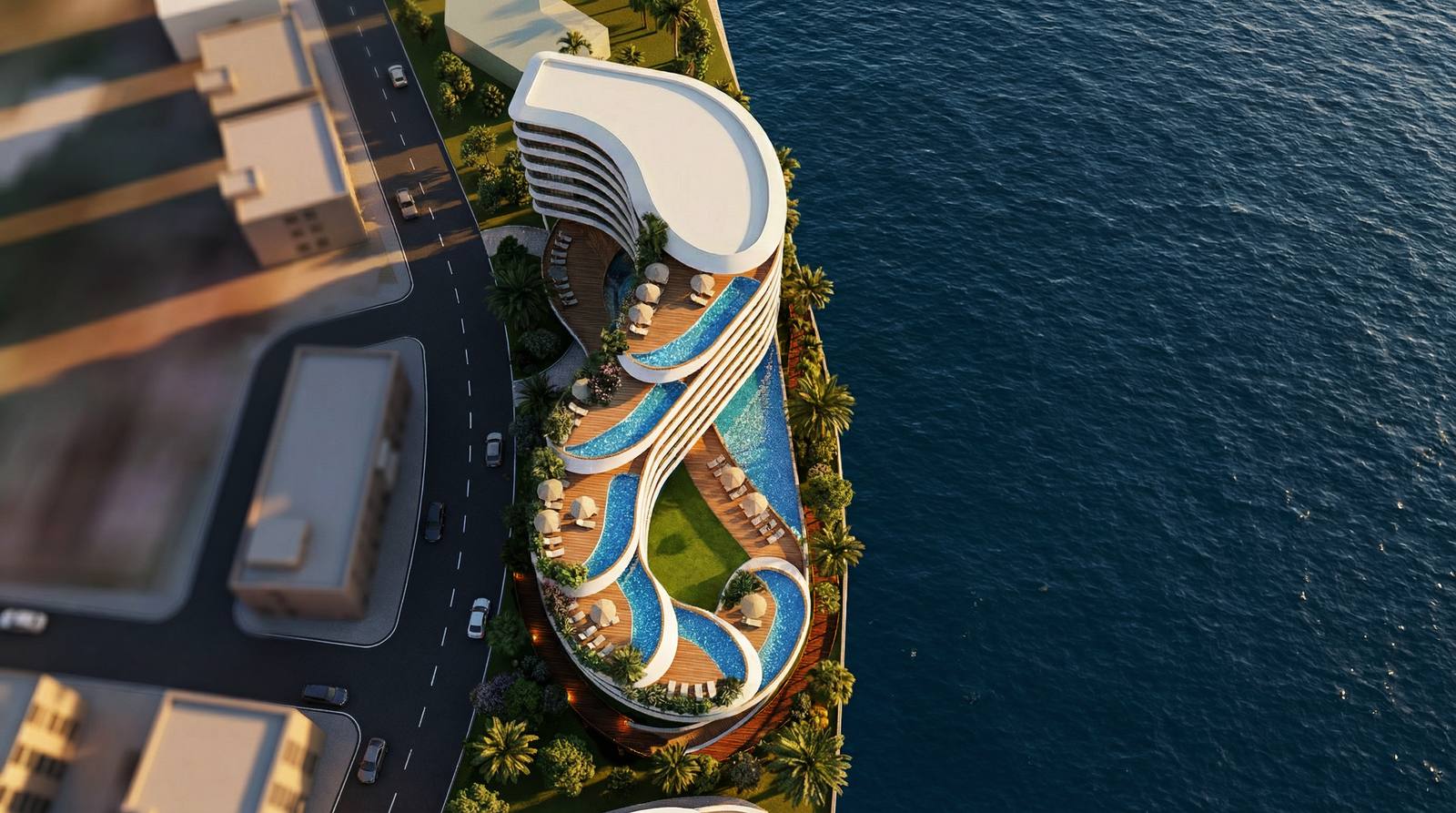 Aerial architectural rendering of Infinity beside the water in Lagos