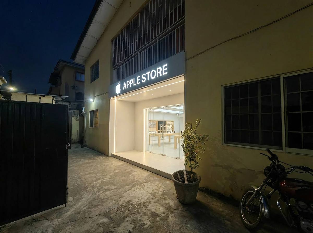 Lagos mobile phone store exterior night view