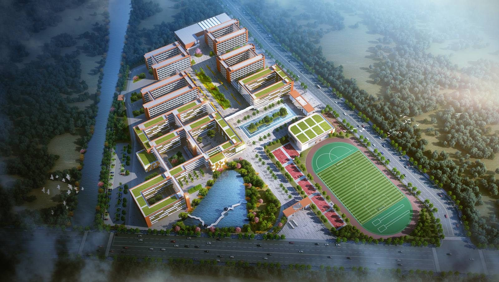 Qiaotou Middle School campus aerial rendering