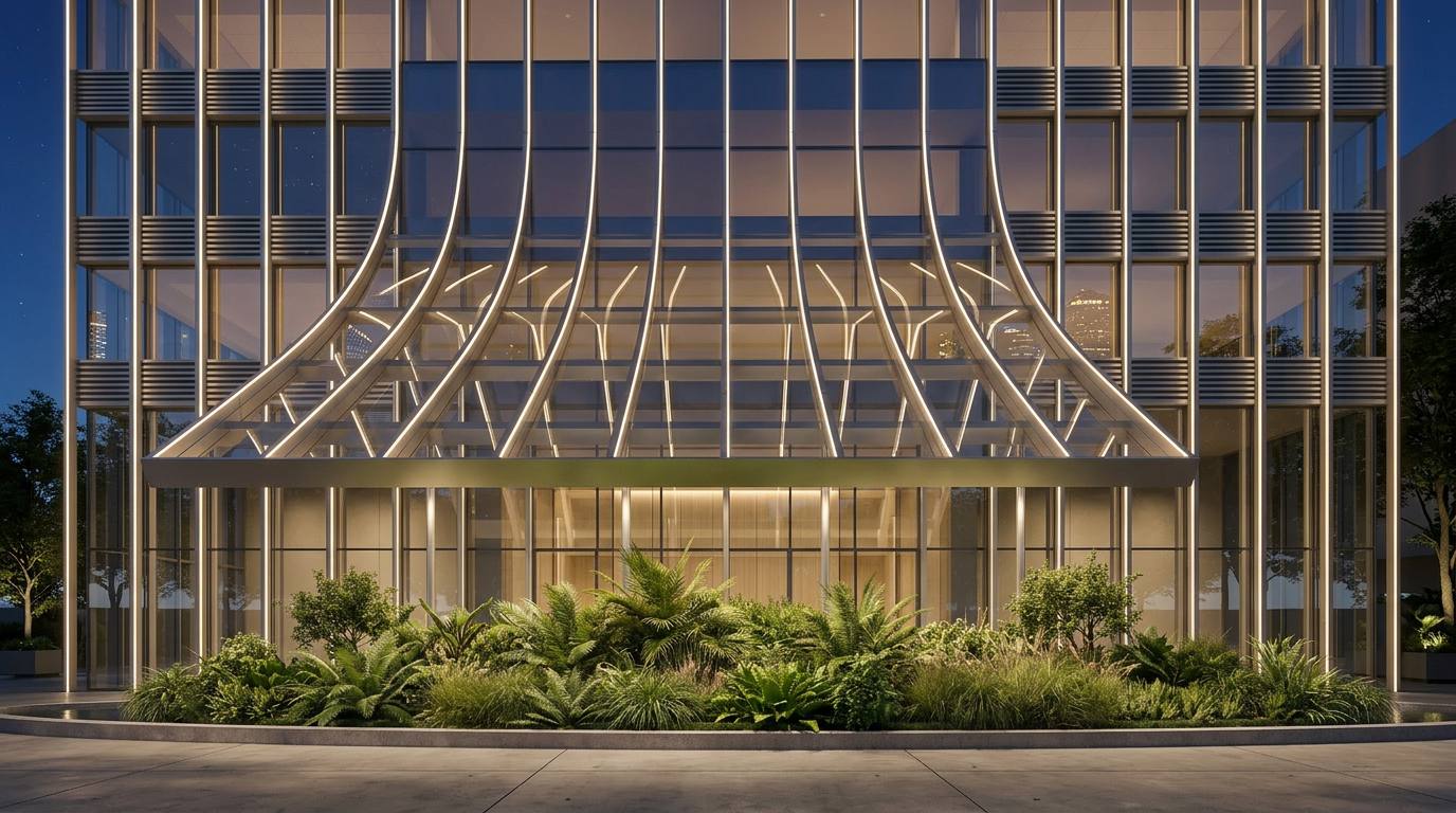 Office building entrance elevation at night