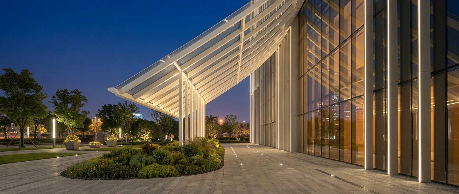 Office building entrance canopy night view